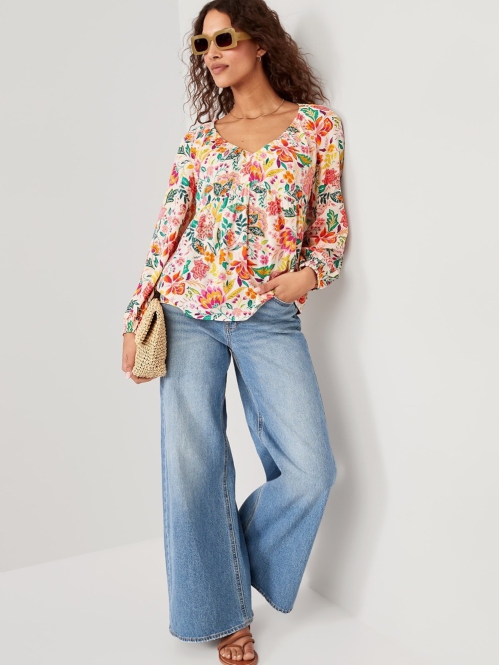 Old Navy Tropical Floral V-Neck Peasant Blouse Size Medium - boho, vacation